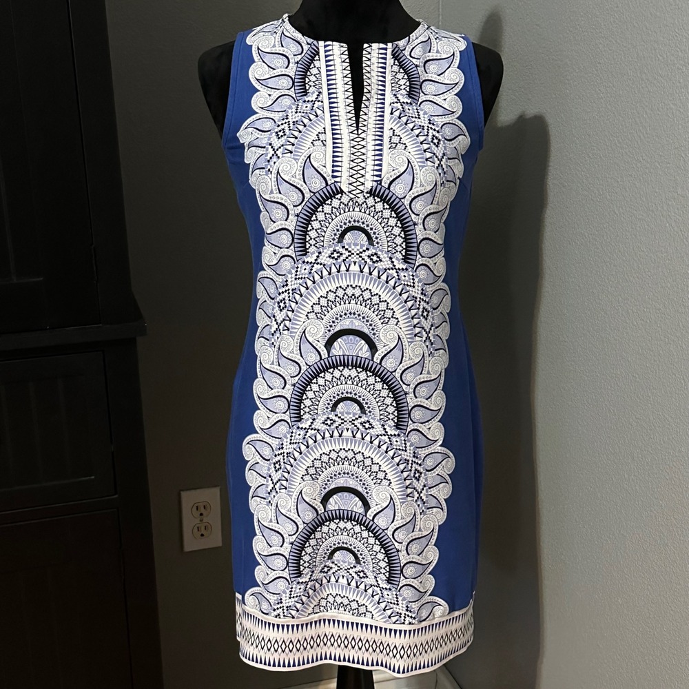 New York & Company Dress Small Blue‎ White Cotton Sheath Boho Geo Print